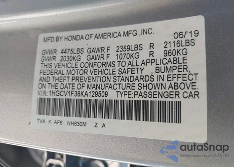 2019 Honda Accord Sport from USA, damaged, VIN 1HGCV1F36KA129509